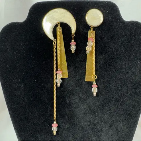 Vintage Handmade Artisan Clay Metal Beaded Statement Earrings Unique Artsy Gold