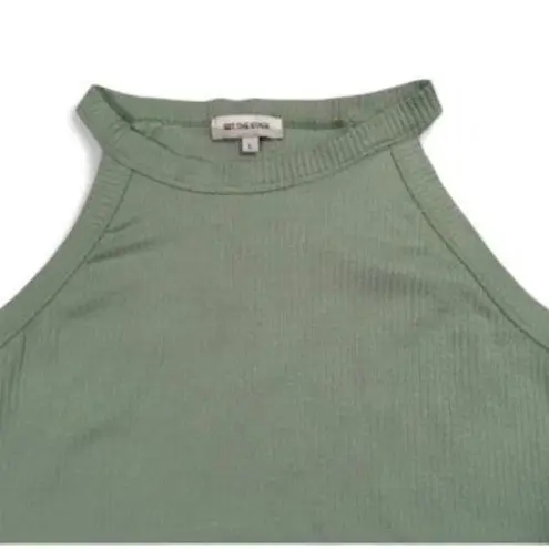 Sage Green High Neck Halter Tank Top L Earthy Neutral Minimalist Button Detail Size L