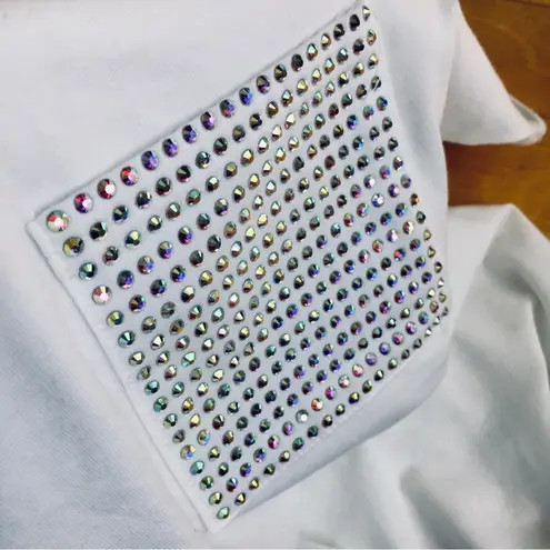 On Twelfth Short Sleeve, Rhinestone Bling Pocket Tee, White, Colorful, Size XL