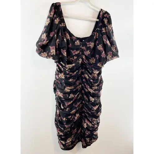 Open Edit  Floral Print Ruched Charming Puff Sleeve Mini Dress Black Large