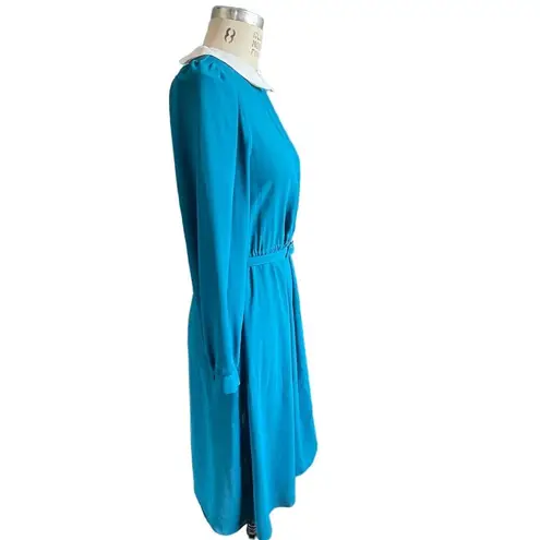 Vintage 70s 80s Turquoise Sheer Fit & Flare Knee Length Collared Dress Size 8