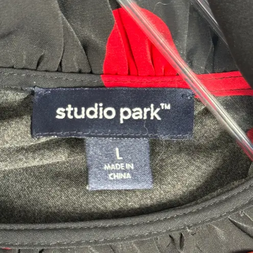 Studio Park Blouse Heart Print Ruffle Neck Long Sleeve Top Black Red Women Large