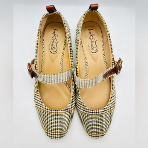Life Stride Plaid Mary Jane Block Heel Shoes Women 6.5M Chic Buckle Fabric Strap