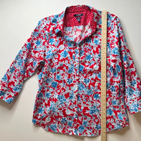CHAPS Floral Button Down Shirt Large Red White Blue No Iron Cotton Patriotic