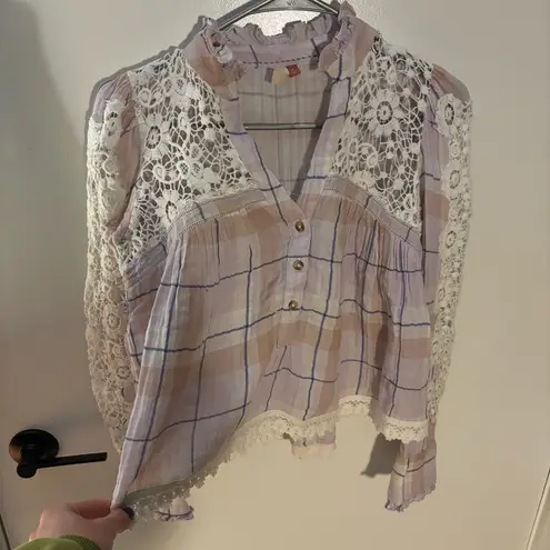 Pilcro Anthropologie Lace Plaid Lavender Peasant Blouse – XS (Fits S Comfortably)