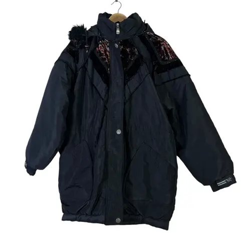 Vintage Triple FAT Goose Down Parka Coat Womens L Black Velvet Fur Trim Hood Size L
