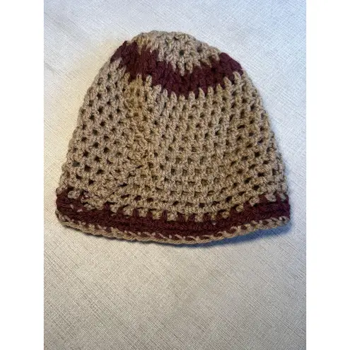 Handmade Crochet Hat Beanie Fitted One Size Womens Tan Burgundy Open Weave