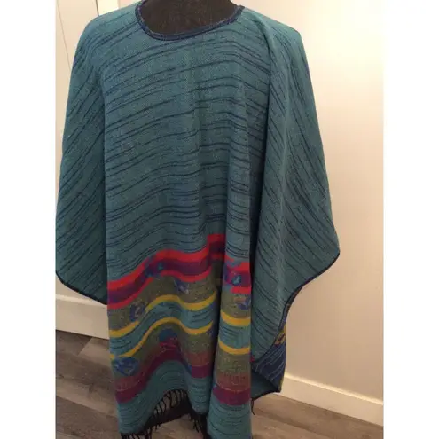 Women's Floral Tassel Poncho Shawl Wrap Cape Blue One Size Size L