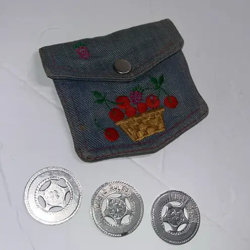 Vintage denim cherry basket coin purse • button pouch • with lucky coins
