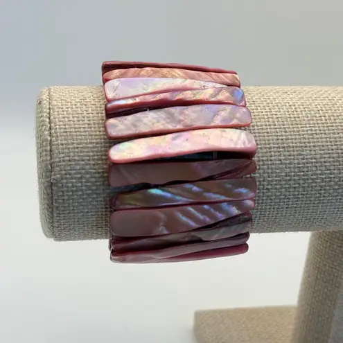 Stretch Bracelet Pink Iridescent Shell Tile Boho Jewelry 80s 90s Retro