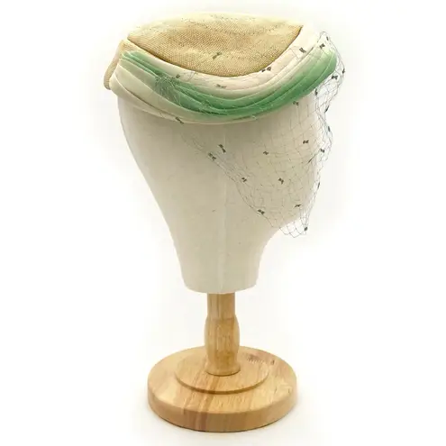Vintage 1950s Ombre Silk & Straw Pillbox Hat Rhinestone Clip With Mesh Veil 22.5 Green