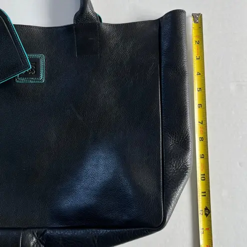Black Deertan Cowhide Leather Tote Bag Teal Trim Classic Minimalist Purse