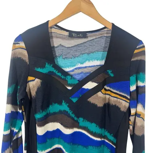 Bali Top Women Size M Blue 3/4 Sleeve Black Blue Art to Wear Vintage Tunic Wave