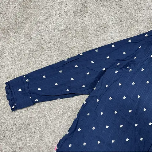 Kerri Rosenthal Women’s Mia Ruffle Button Down Shirt Tiny Heart Print in Navy XL Blue