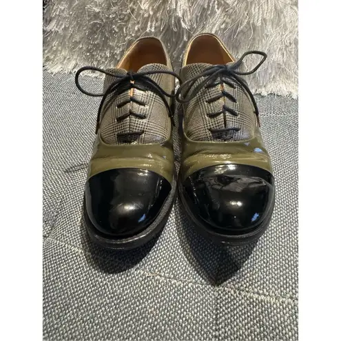 THE OFFICE OF ANGELA SCOTT Ms. Baker Khaki Glen Plaid Leather Women's Toe Cap Ox Black Size 7.5