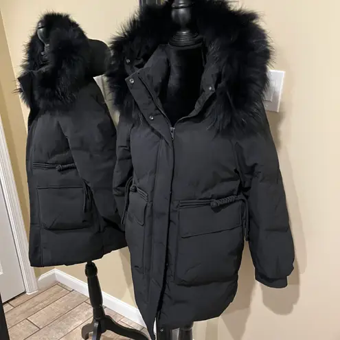 Real raccoon fur collar down winter jacket coat parka puffer trench coat bomber Black Size M