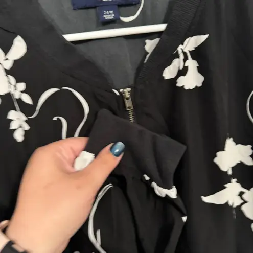 Denim 24/7 Black & White Floral Full Zip Lightweight Bomber Jacket Plus Size 24W