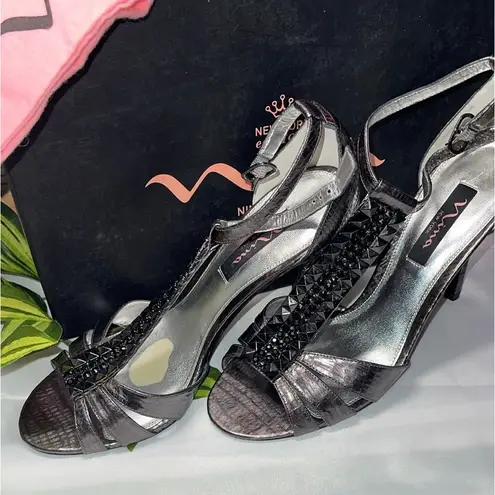 Nina Shoes Nina Ulrica Womens Size 9 Gunmetal Satin Rhinestone Round Open Toe Heels