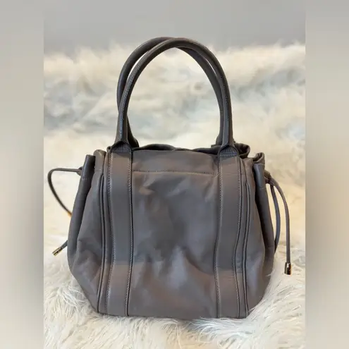 Salvatore Ferragamo Vara Ribbon Drawstring Hug Handbag Gray Taupe Leather