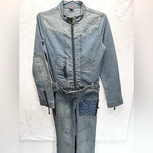 Akademiks AKDMKS Y2K Denim Patchwork Graffiti Coveralls Jumpsuit Flightsuit HipHop Belted