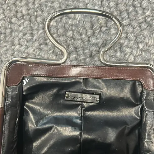 Leandro Firenze Brown Patent Snakeskin Leather Metal Handled Handbag