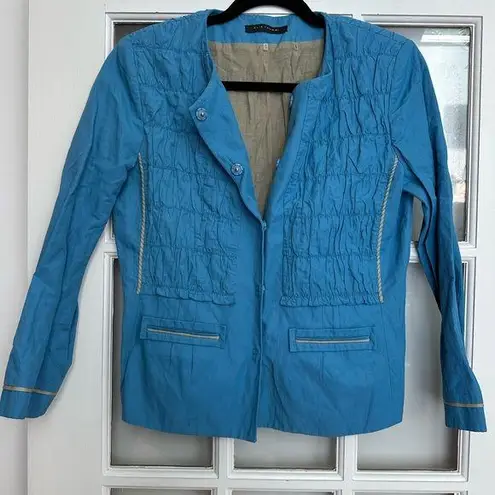 Elie Tahari Island Blue Chatham Snap Jacket Cotton Faille Pucker Detail Size S