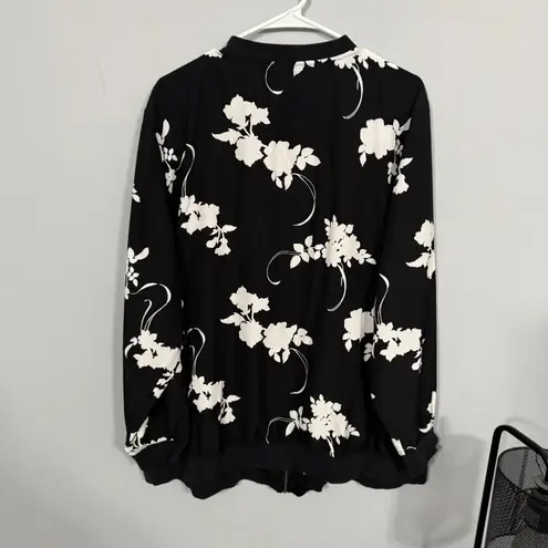 Denim 24/7 Black & White Floral Full Zip Lightweight Bomber Jacket Plus Size 24W