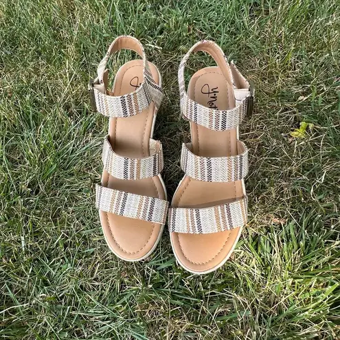 Y Not Bea Strappy Wedge Textured Sandals Womens 9 Natural Stripes Boho Platform Tan