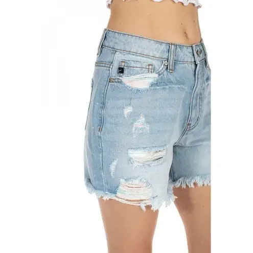 KanCan High Waist Distressed Cotton Candy Jean Shorts Fray Hem Color Thread Sz S Blue
