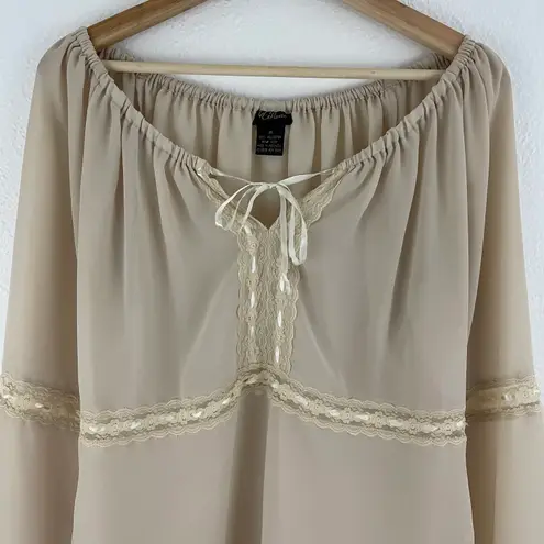 MILANO Vintage 90s Creme Beige Coquette Lace Wide Sleeve Semi Sheer Flowy Blouse Tan Size M