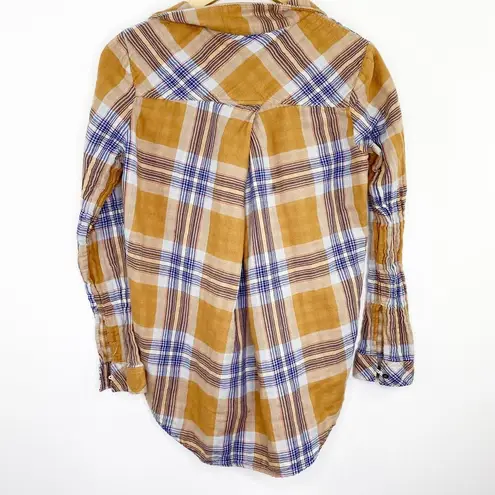 Thread and Supply  Yellow Blue Plaid Button Front Cotton Shirt Women's Size Small S