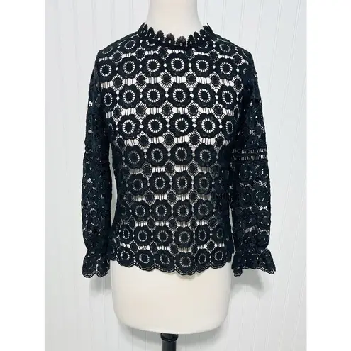 None Boho Open Knit Crochet Floral Lace Top Long Sleeves High Neck Black Size Large