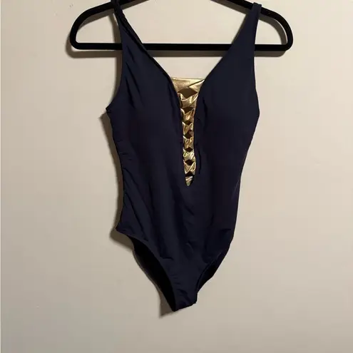 Bleu Rod Beattie Twisted-Front One-Piece Swimsuit Black Gold- Size 8