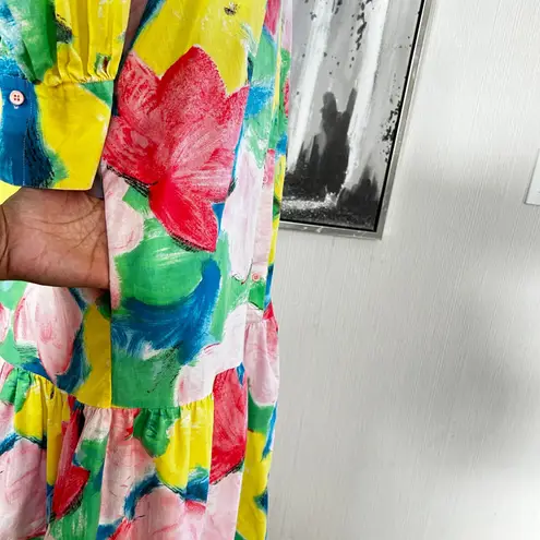 Egon Von Furstenberg Floral Maxi Shirt Dress Flowy Puffy Sleeve Tiered Cotton Yellow Size undefined