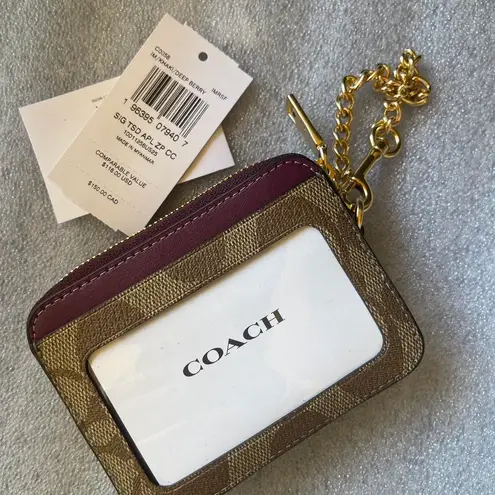 Coach  Khaki Signature Canvas Deep Berry Zip Card Case