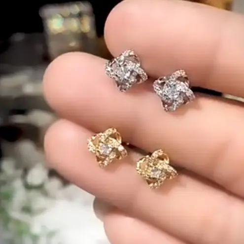 Boutique Sparkly White Gold Plated S925 Knot Simulated Diamond Stud Earrings, 0.8cm