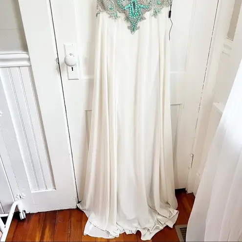 Vienna Prom Beaded Embellished Sheer Neckline Ivory Gown Formal Evening Dress