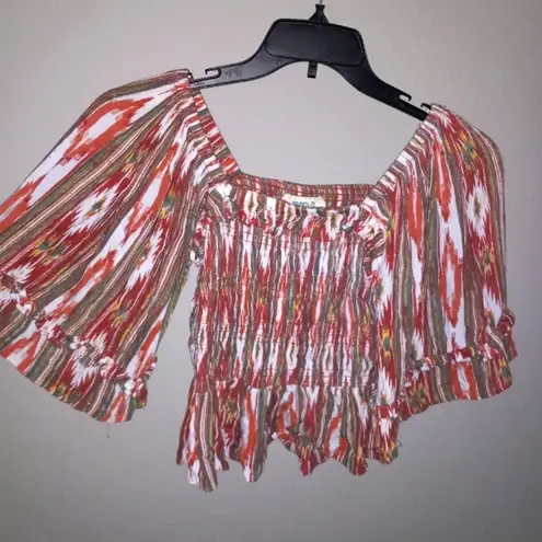 Rocking C M Western Smocked Tribal Print Cowgirl Crop Top Orange Size M