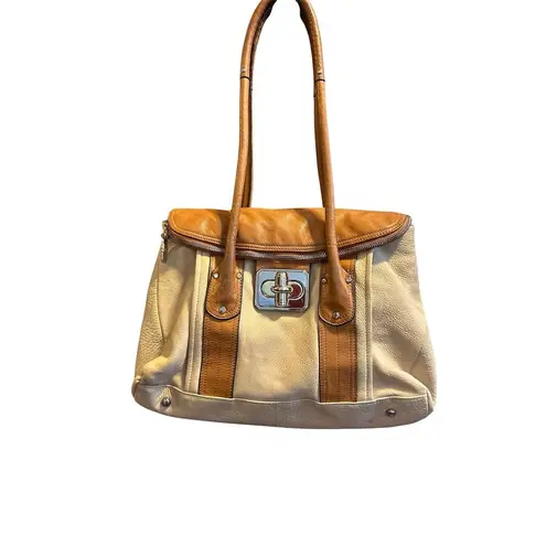 B. Makowsky Cream & Tan Leather Shoulder Bag Gold Hardware Women's