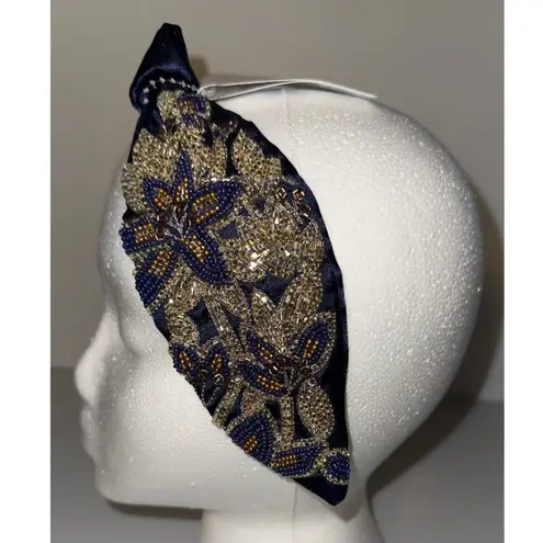 Headband Embellished Beaded Floral Knot Navy Blue & Gold