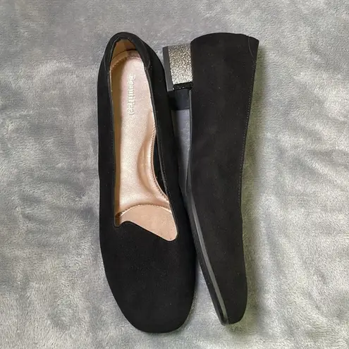 Harlon black suede comfort insole glitter crystal sparkle low heel slip on flat Size 9.5