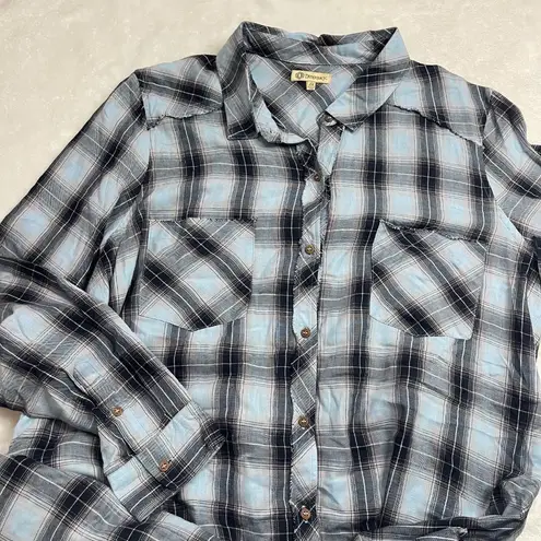 Democracy Plaid Shirt Dress Womens Plus Size 2X Blue Cotton Raw Edge Pockets