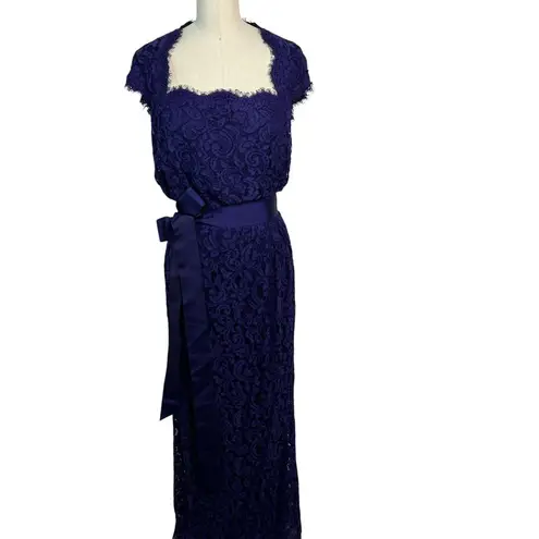 Tadashi Shoji Cap Sleeve Lined Ribbon Tie Sash Lace Long Gown Blue Womens Size 6