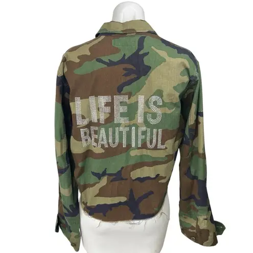 Hipchik Couture Women's Brown Green Camo Life Is Beautiful Denim Jean Jacket S