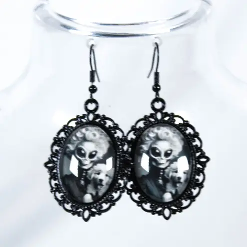 Handmade Alien Aristopaw Gothic Victorian Alien Woman & Pyrenees Puppy Earrings