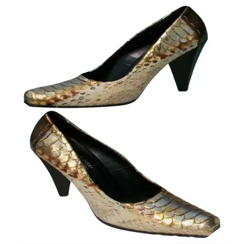 Donald Pliner Couture Hand Painted Metallic Python Leather Pump Shoe New $595 Gold Size 6