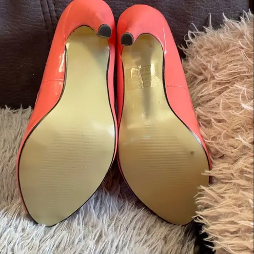 PINK KEY Shiny Coral Color Peep Toe Heels Size 7