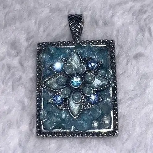 Vintage Blue  Floral Square Stone Pendant Jewelry y2k