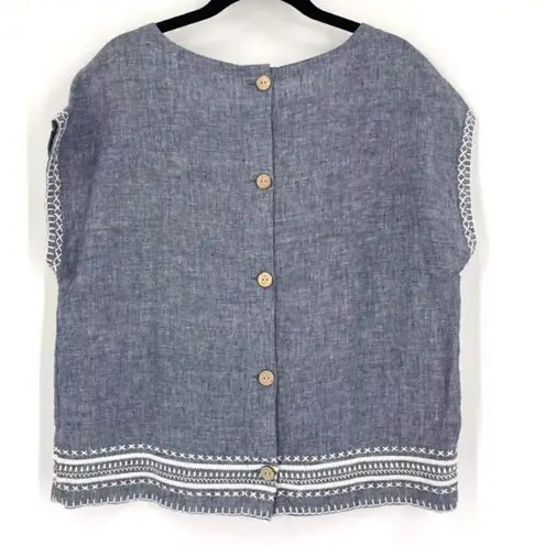 Sigrid Olsen Sigrid Olsen Women's Linen Chambray White Embroidered Trim Top Blue Size XS