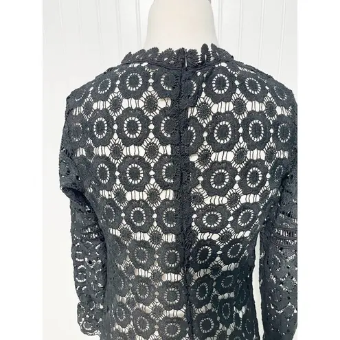 None Boho Open Knit Crochet Floral Lace Top Long Sleeves High Neck Black Size Large